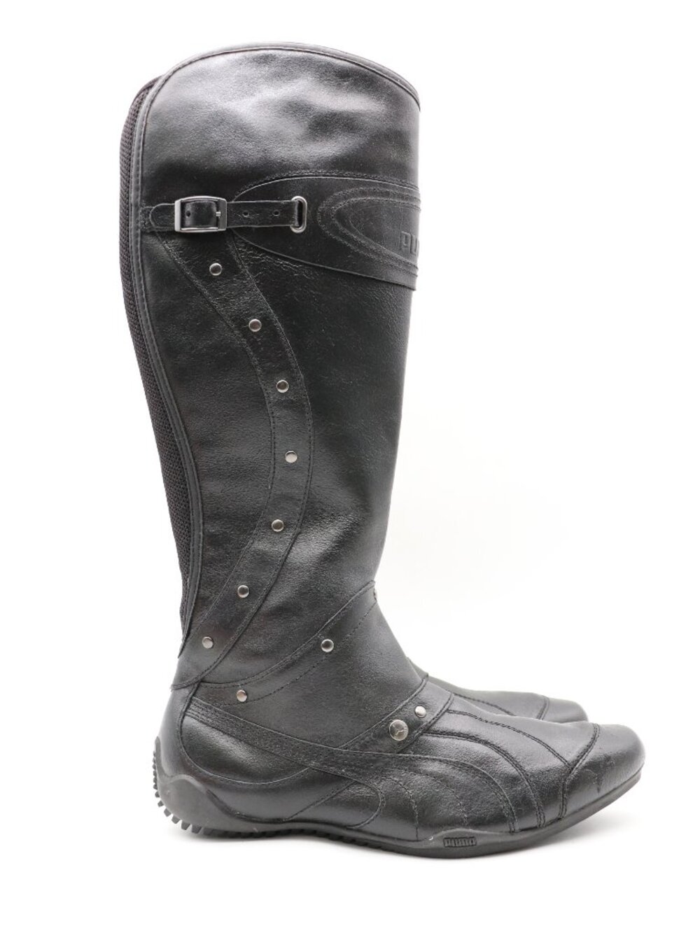 Vintage Puma Boots Women's Size 6 Black Leather Sport Moto High Boots Pull On